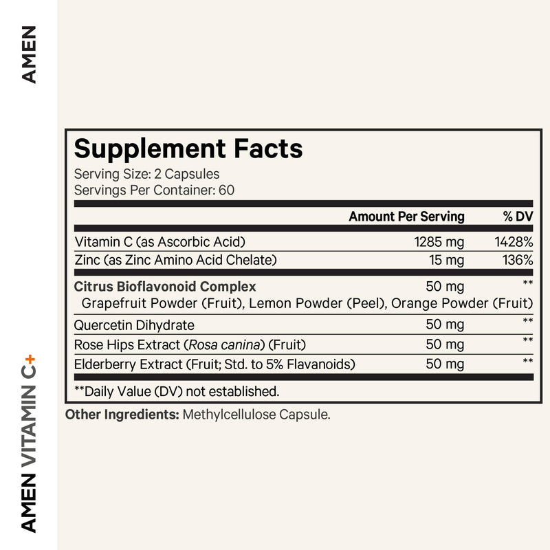 Amen Vitamin C+ with Zinc, Bioflavonoids, Quercetin, Rose Hips & Elderberry – Vegan, Non-GMO – 2 Months Supply (120 Capsules)