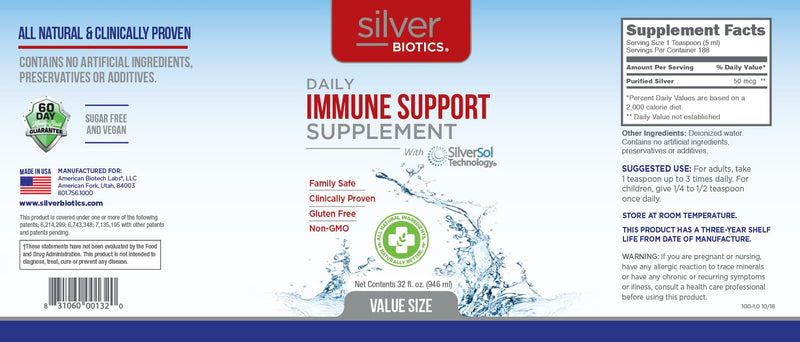 Silver Biotics Advanced Silver Technology with SilverSol Ag4O4 10 PPM – 32 Fl Oz (Pack of 2) | Immune Support