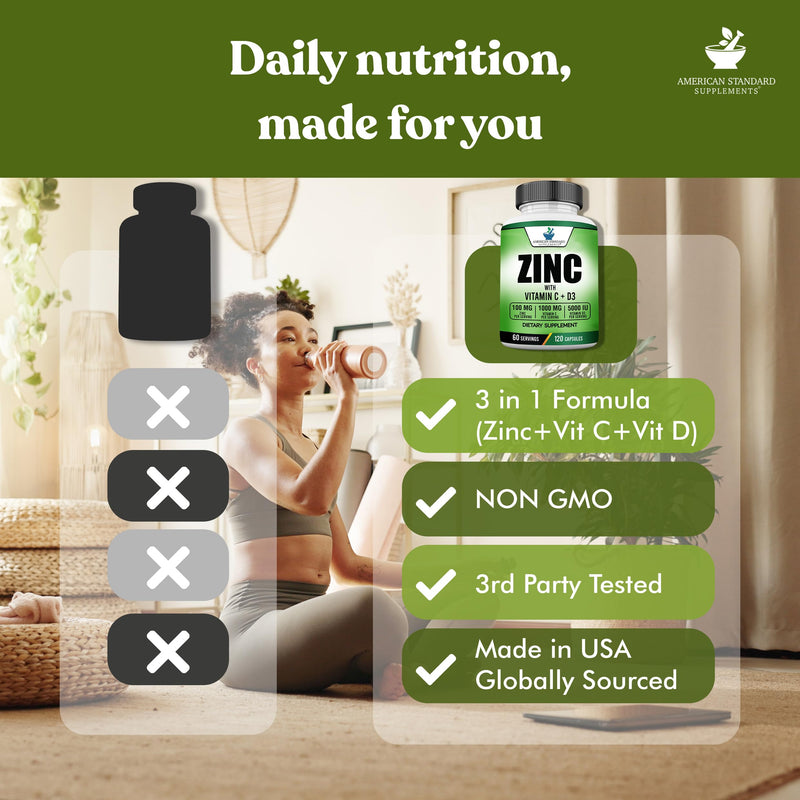 Zinc 100mg + Vitamin C 1000mg + Vitamin D3 5000 IU — 120 Gluten-Free Capsules (60 Servings) | American Standard