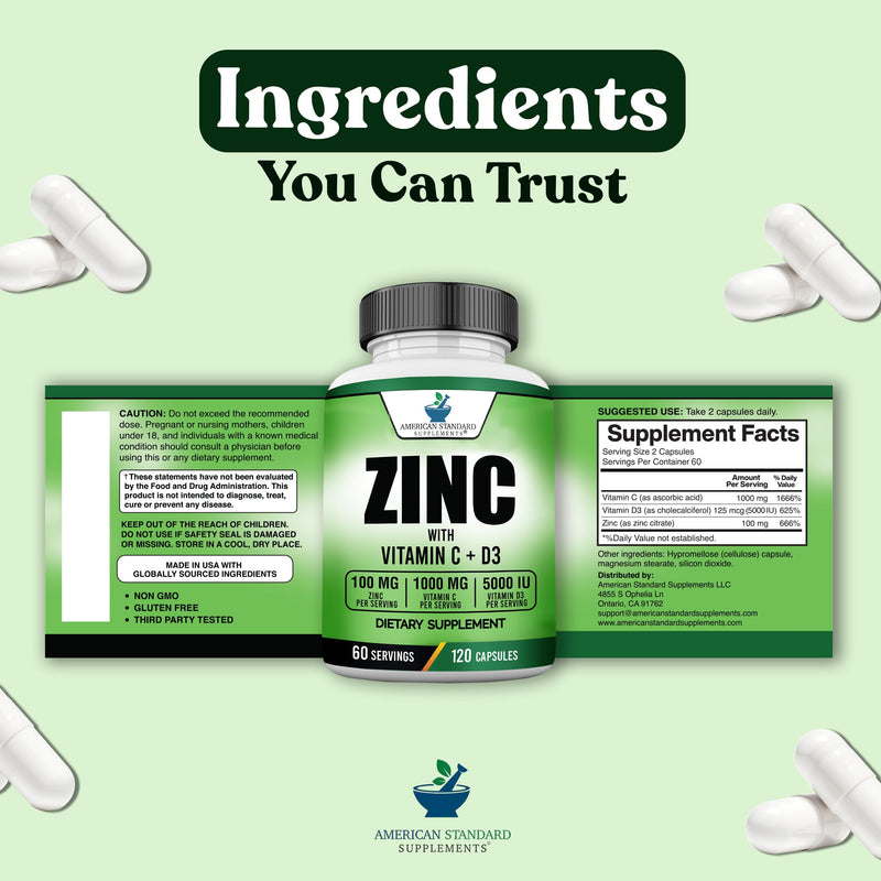 Zinc 100mg + Vitamin C 1000mg + Vitamin D3 5000 IU — 120 Gluten-Free Capsules (60 Servings) | American Standard