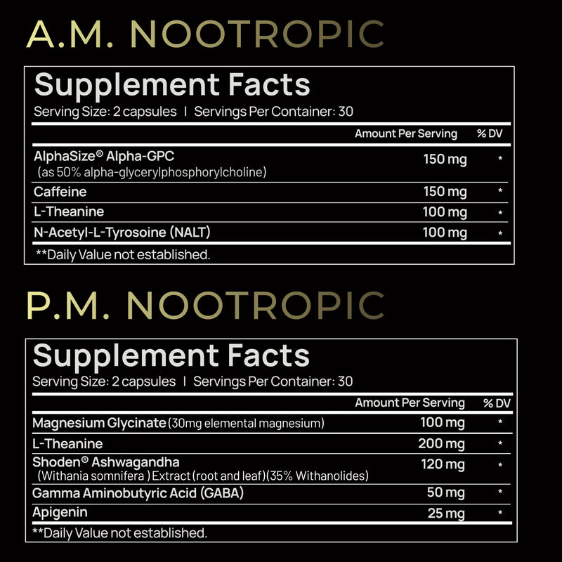 AMPM Nootropic Total Focus + Calm 9X Strength w. Caffeine, L-Theanine, Alpha GPC, L-Tyrosine, Ashwagandha - X-Release Energy Pills Nootropics Brain Support Supplements for Memory and Focus Supplement
