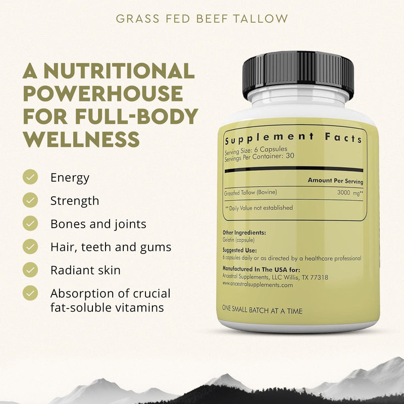 Ancestral Supplements Grass Fed Beef Tallow Capsules 3000mg – Non-GMO | 180 Capsules