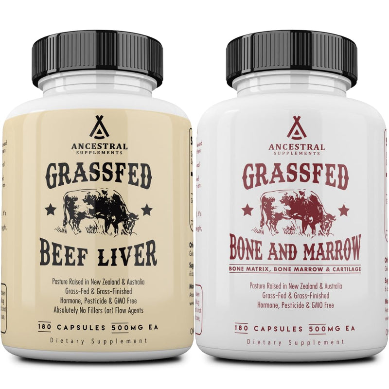 Ancestral Supplements Grass-Fed Beef Liver & Bone Marrow Capsules 3000mg - Bundle 2 Pack (180 Capsules)