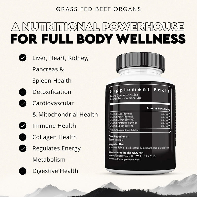 Ancestral Supplements Grass-Fed Beef Organs – Liver, Heart, Kidney, Pancreas, Spleen | 180 Capsules