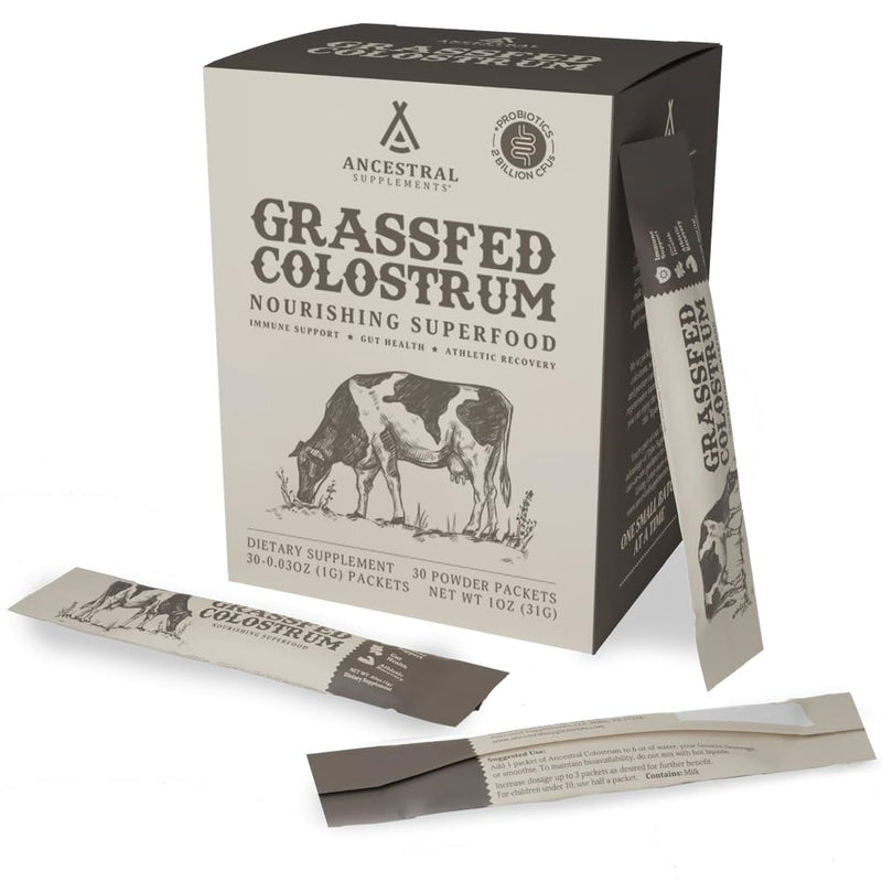 Ancestral Supplements Grass-Fed Beef Bovine Colostrum Powder Packets – Immune Support, Gut Health, 30 Sticks