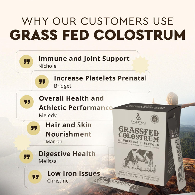 Ancestral Supplements Grass-Fed Beef Bovine Colostrum Powder Packets – Immune Support, Gut Health, 30 Sticks