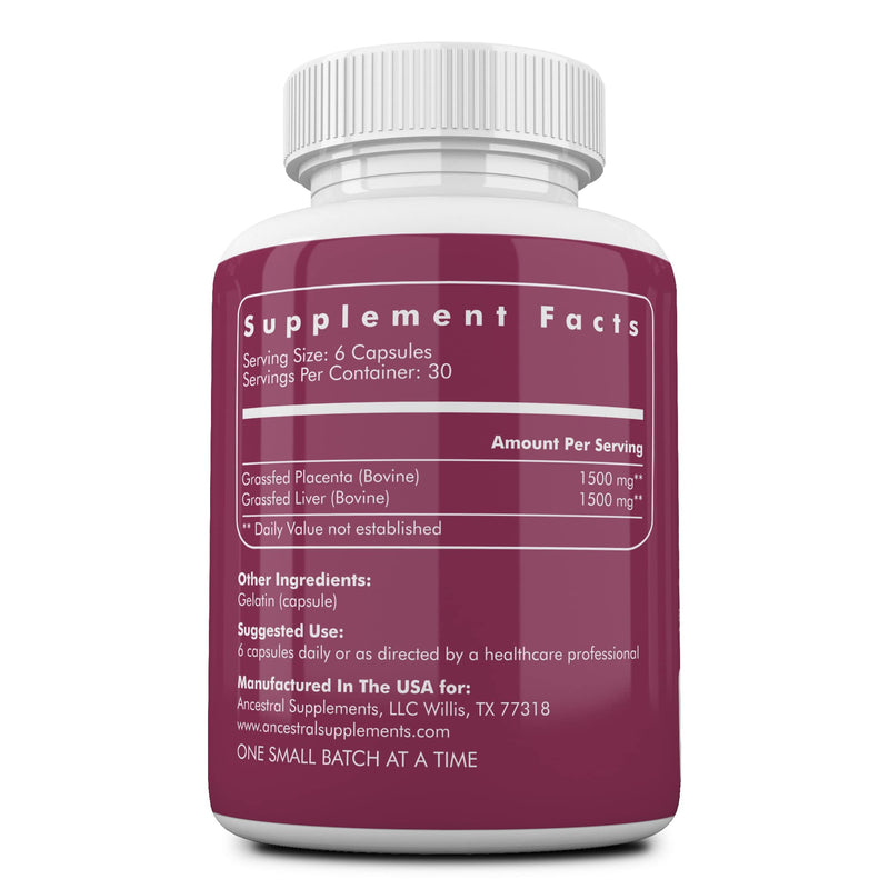 Ancestral Supplements Grass-Fed Placenta & Liver 180 Capsules – Postpartum Support, Menopause Relief