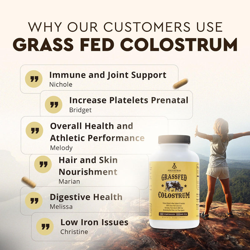 Ancestral Supplements Grass Fed Beef Colostrum Supplement – 3000 mg, 180 Capsules | Immune & Gut Health Support