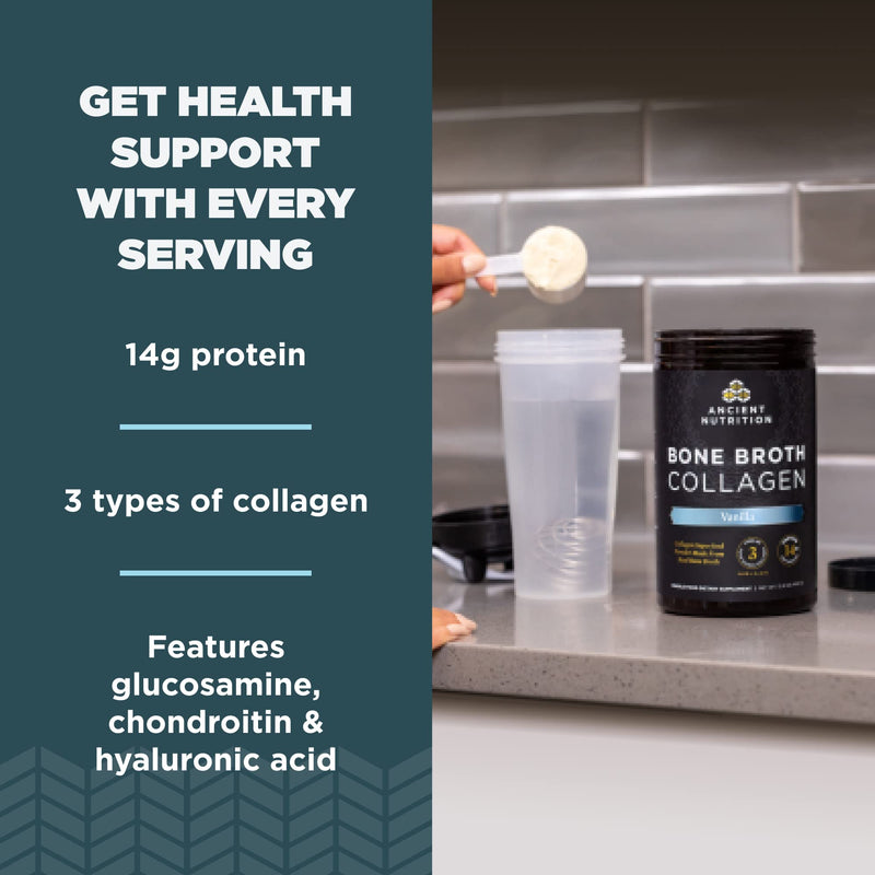 Ancient Nutrition Bone Broth Collagen Powder Vanilla – Multi-Collagen Peptides, 30 Servings