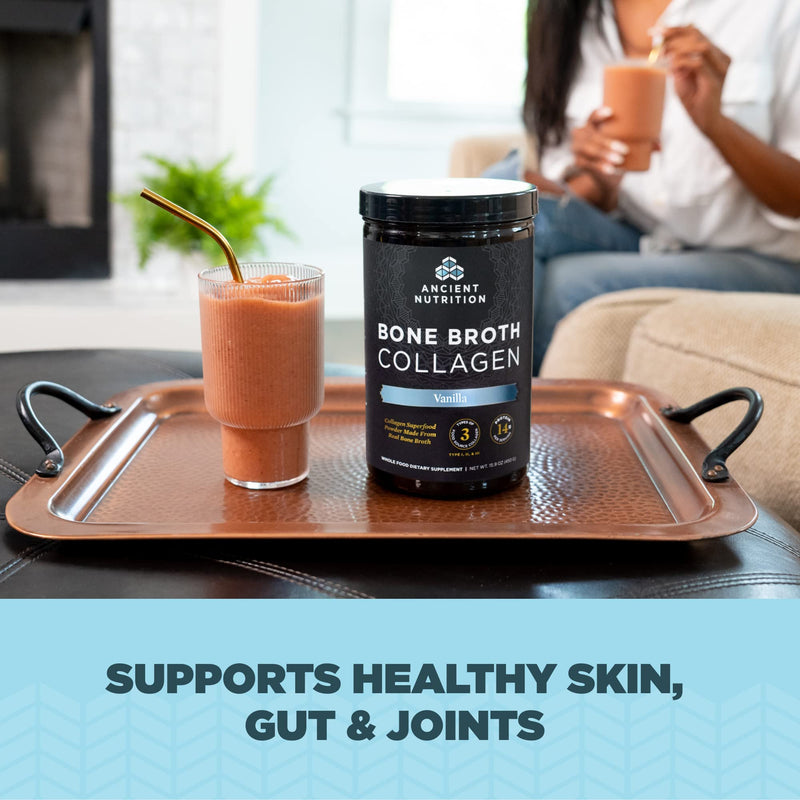 Ancient Nutrition Bone Broth Collagen Powder Vanilla – Multi-Collagen Peptides, 30 Servings