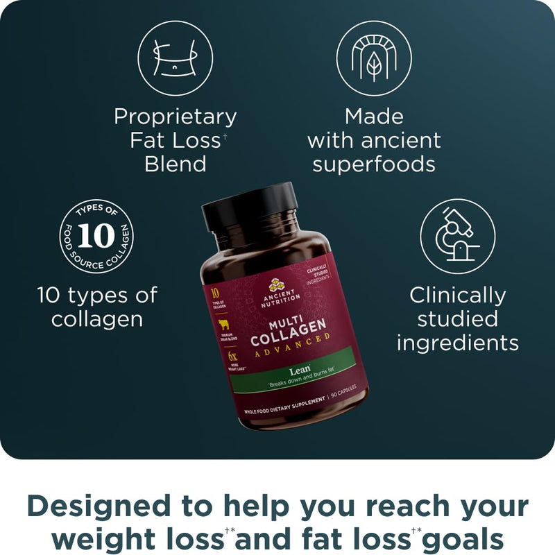 Ancient Nutrition Multi Collagen Advanced Lean with Probiotics (90 Count) – Weight & Fat Loss Support