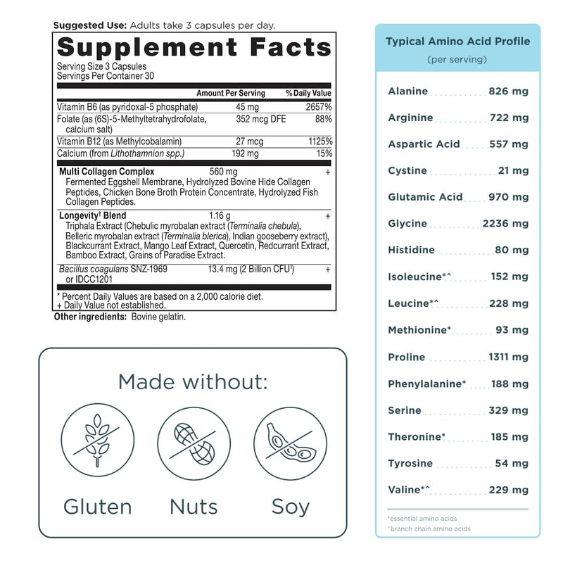 Ancient Nutrition Multi Collagen Advanced Longevity with Probiotics | Hydrolyzed Collagen Peptides | 90 Count