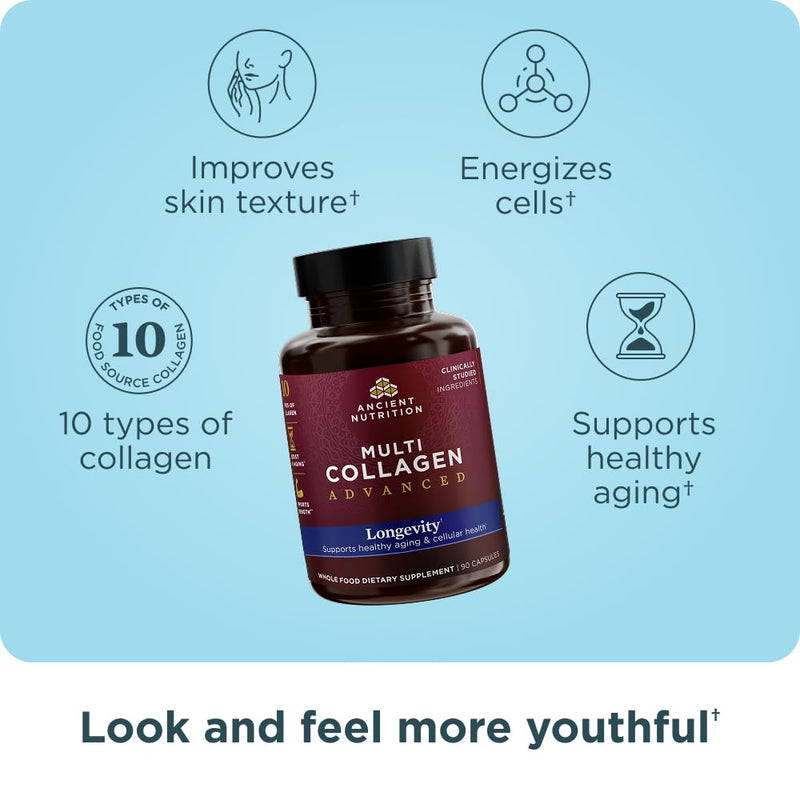 Ancient Nutrition Multi Collagen Advanced Longevity with Probiotics | Hydrolyzed Collagen Peptides | 90 Count