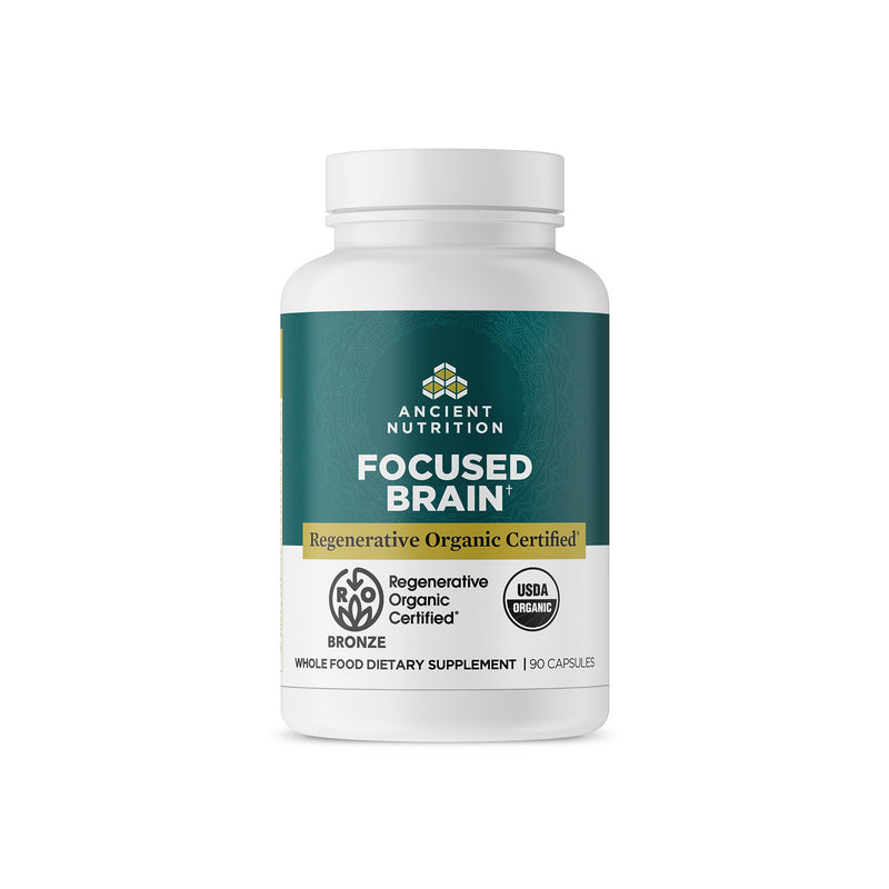 Ancient Nutrition Regenerative Organic Certified Focused Brain Capsules - Ginkgo Leaf & Lion's Mane, Gluten Free, Paleo & Keto (90 Count)