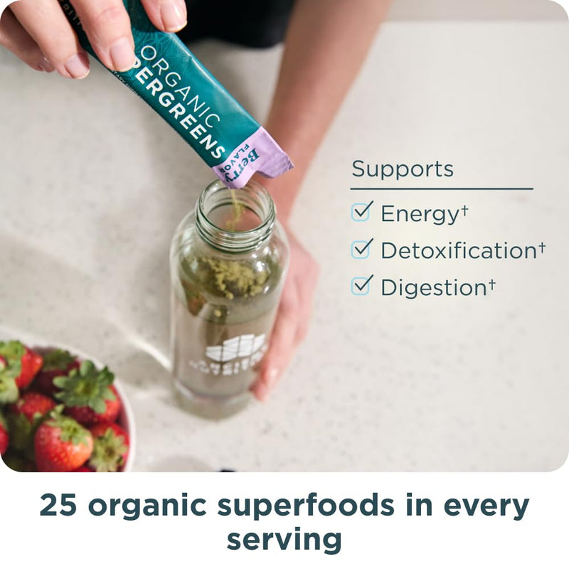 Ancient Nutrition SuperGreens Powder with Probiotics – Organic Berry Greens, 16 Stick Packs (4.2 oz)