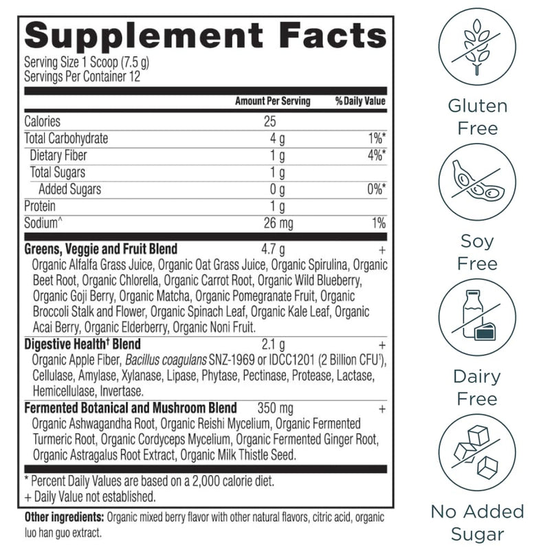 Ancient Nutrition SuperGreens Powder with Probiotics – Organic Berry Flavor, 12 Servings, 3.2oz