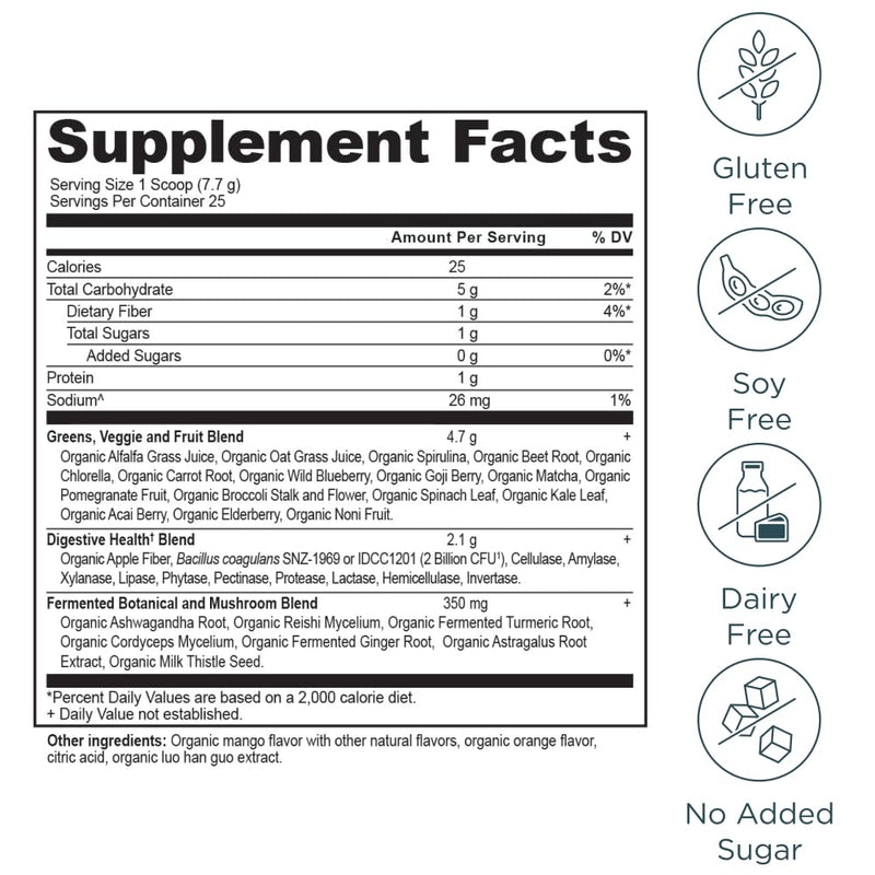 Ancient Nutrition SuperGreens Powder with Probiotics – Organic Mango Flavor, 25 Servings, 6.8oz