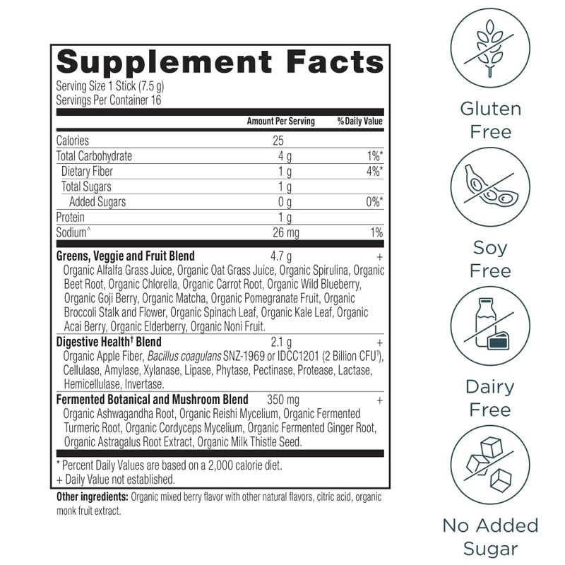 Ancient Nutrition SuperGreens Powder with Probiotics – Organic Berry Greens, 16 Stick Packs (4.2 oz)