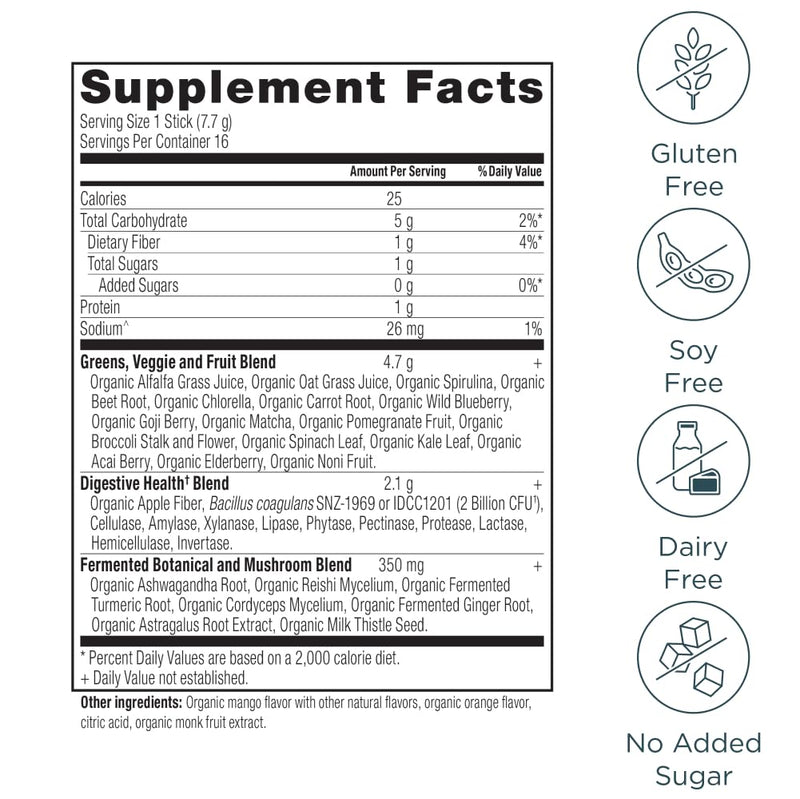 Ancient Nutrition SuperGreens Powder with Probiotics – Organic Mango Flavor, 16 Stick Packs (4.3oz)