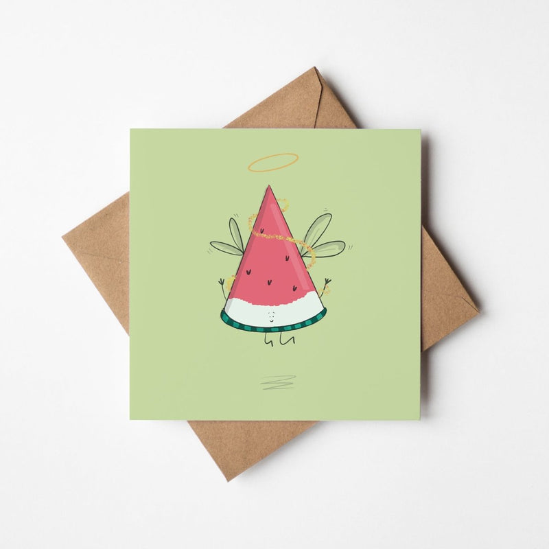Angel Watermelon Christmas Card – Cute Kawaii Holiday Card With Wings Design