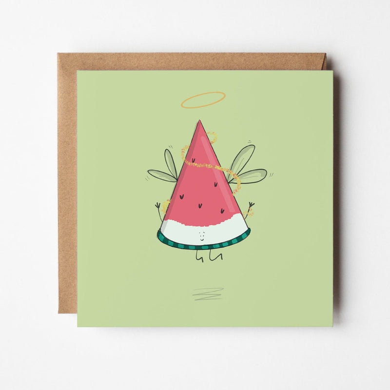 Angel Watermelon Christmas Card – Cute Kawaii Holiday Card With Wings Design