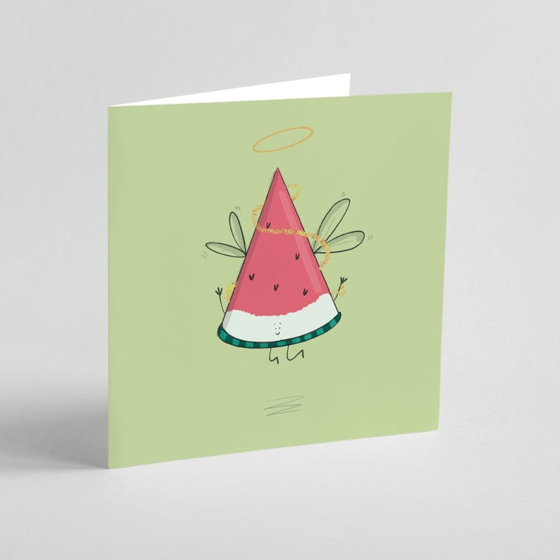 Angel Watermelon Christmas Card – Cute Kawaii Holiday Card With Wings Design