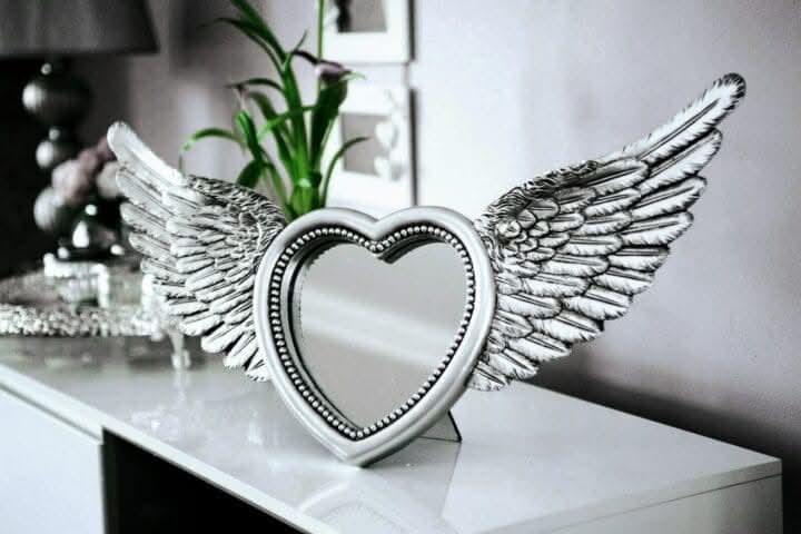 Large Silver Heart Angel Wings Wall Mirror & Photo Frame 64cm