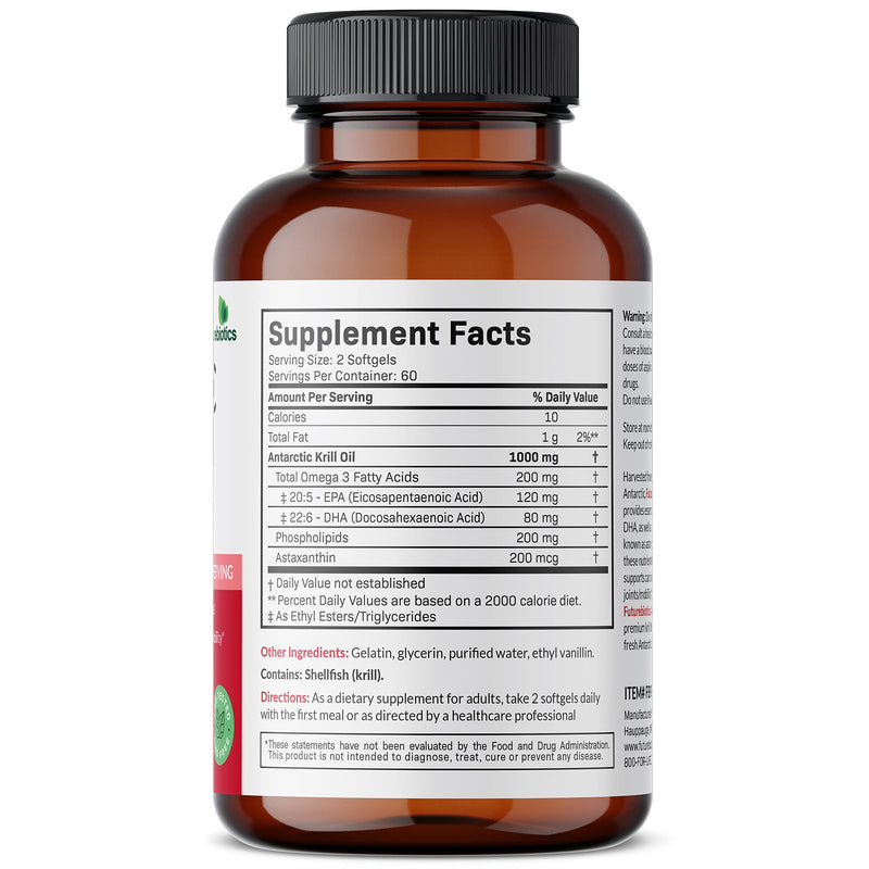 Futurebiotics Antarctic Krill Oil 1000mg – Omega-3 EPA/DHA, Astaxanthin, Phospholipids | 120 Softgels