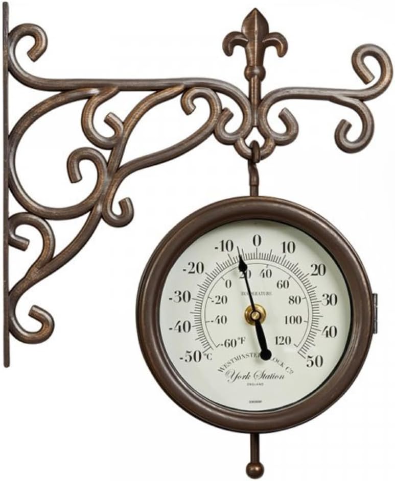 Double Sided Outdoor Station Clock with Thermometer Wall Mount