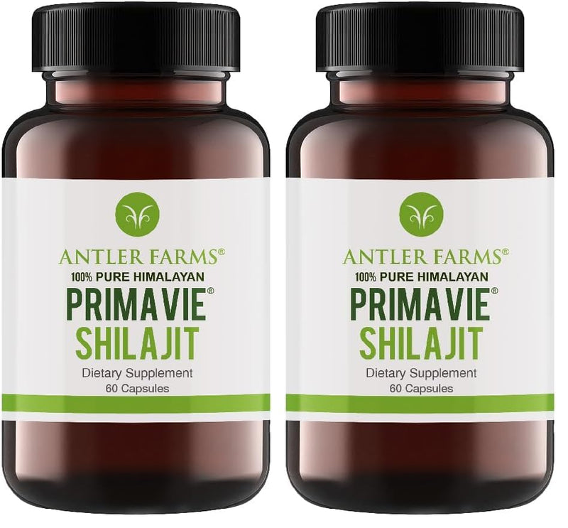 Antler Farms PrimaVie Shilajit for Men – 60 Capsules, 250 mg, 50% Fulvic Acid, Wild-Harvested Himalayan Resin (Pack of 2)
