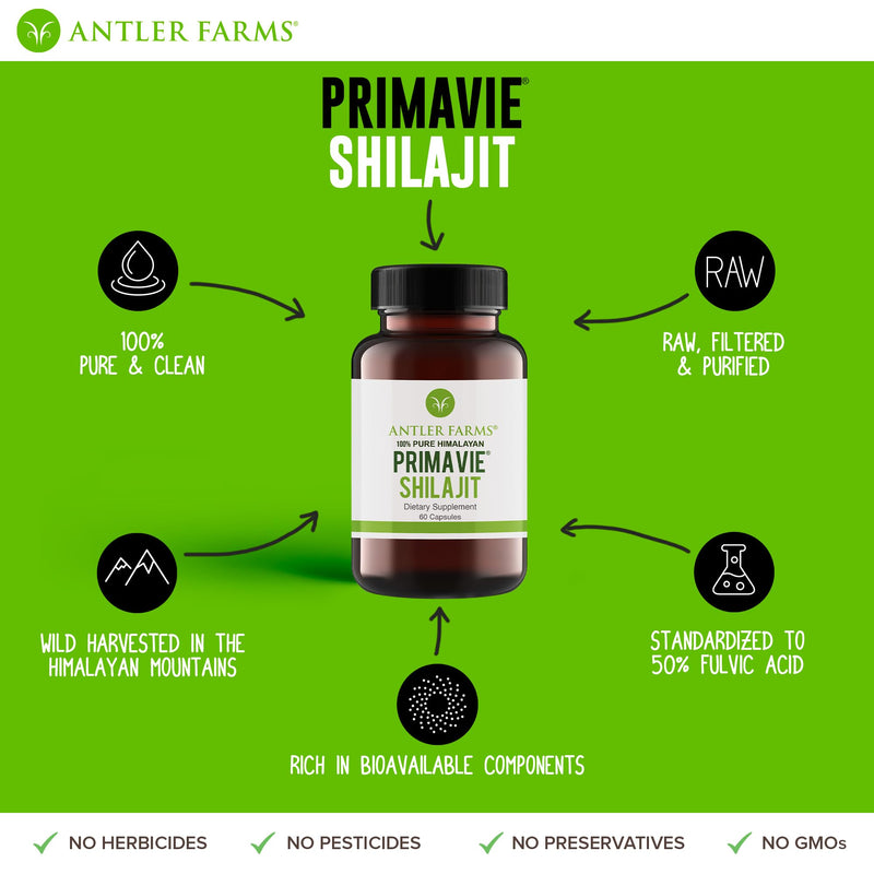 Antler Farms PrimaVie Shilajit for Men – 60 Capsules, 250 mg, 50% Fulvic Acid, Wild-Harvested Himalayan Resin (Pack of 2)