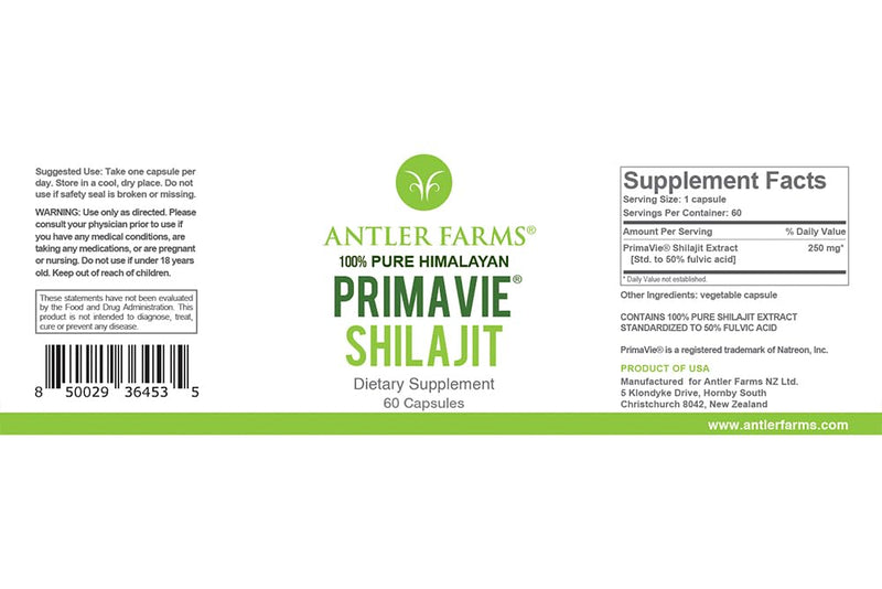 Antler Farms PrimaVie Shilajit for Men – 60 Capsules, 250 mg, 50% Fulvic Acid, Wild-Harvested Himalayan Resin (Pack of 2)