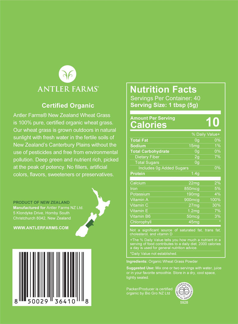 Antler Farms Wheatgrass Powder 200g – 100% Pure Organic NZ, 40 Servings