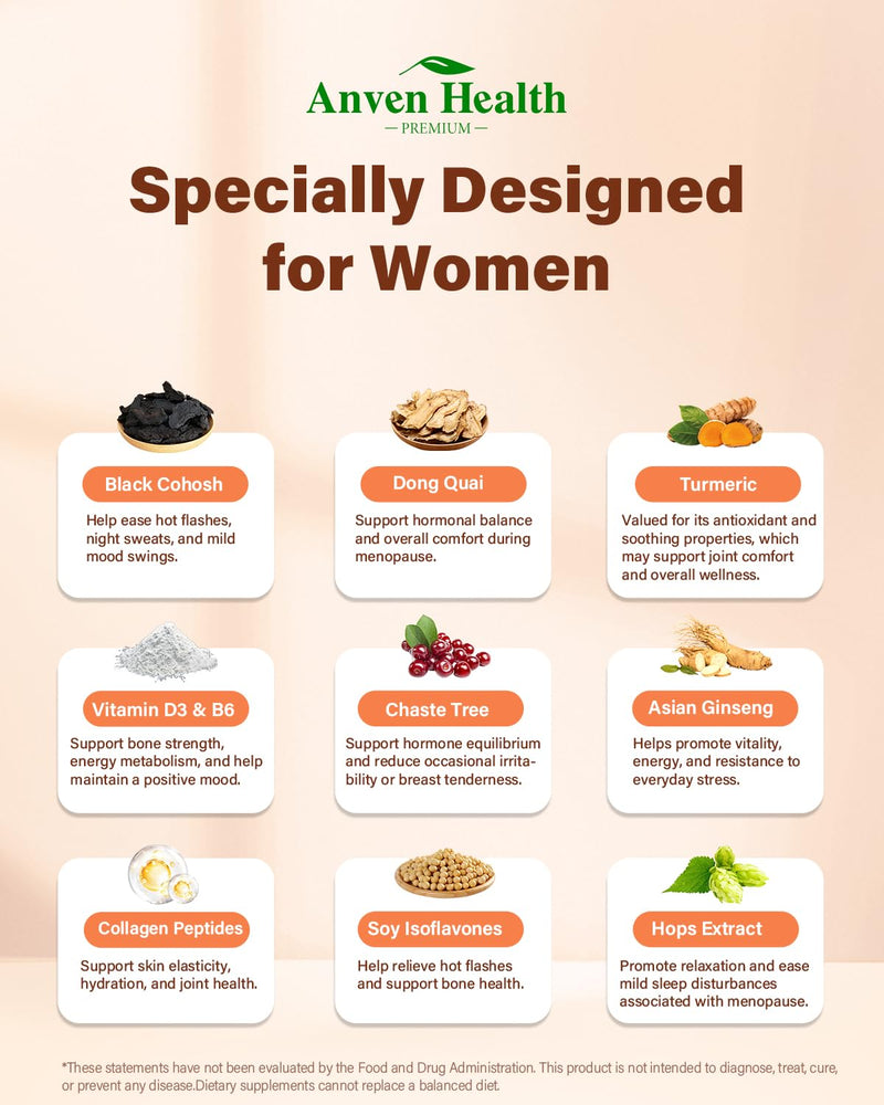 Anven Health Menopause Supplements – Probiotics, D3 & B6 | 270 Veggie Caps