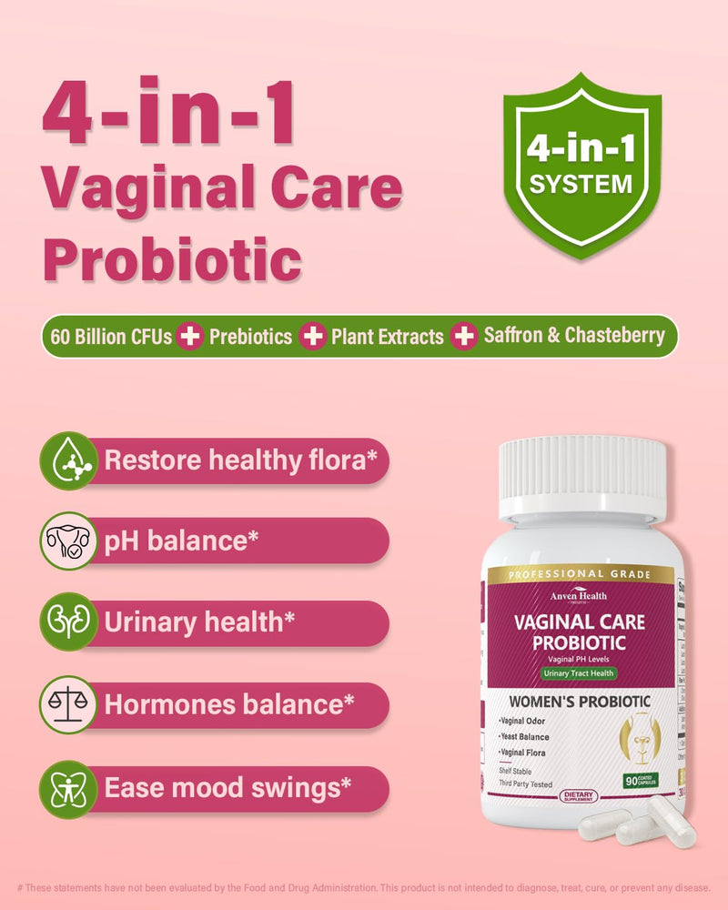 Anven Health Vaginal Probiotics for Women – 60B Probiotic + Prebiotic, pH Balance, Cranberry, Saffron & Chasteberry, 270 Caps