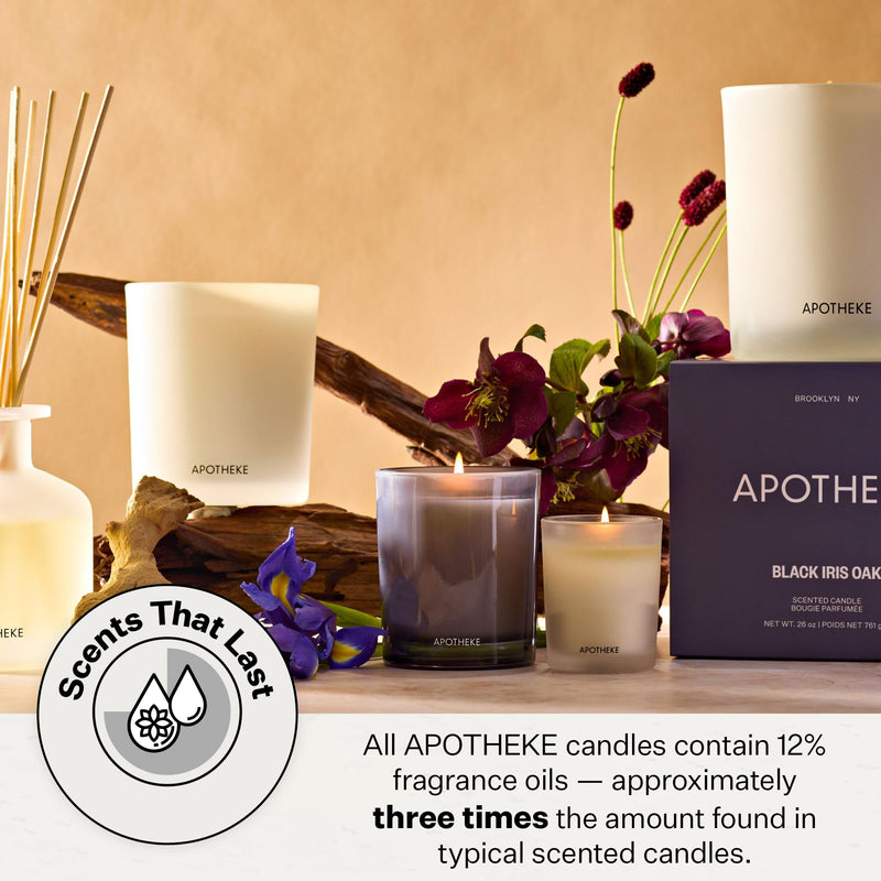 APOTHEKE Black Iris Oak Scented Candle – 10.5 oz Soy Wax, Non-Toxic, Large White Jar | Luxury Home Fragrance