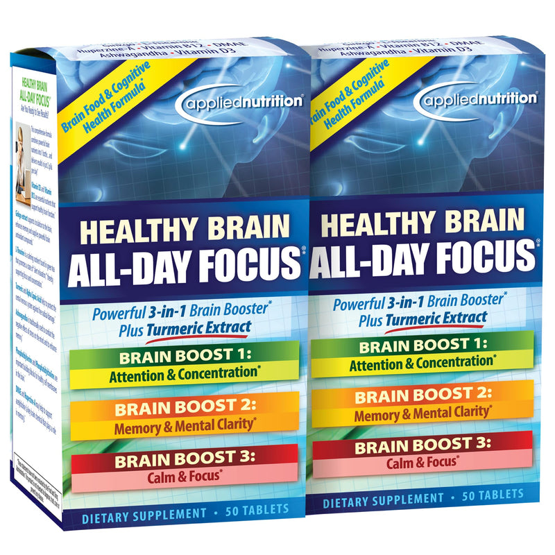 Applied Nutrition Healthy Brain All-Day Focus – 50 Tablets Pack of 2 | 3-in-1 Brain Booster with Turmeric