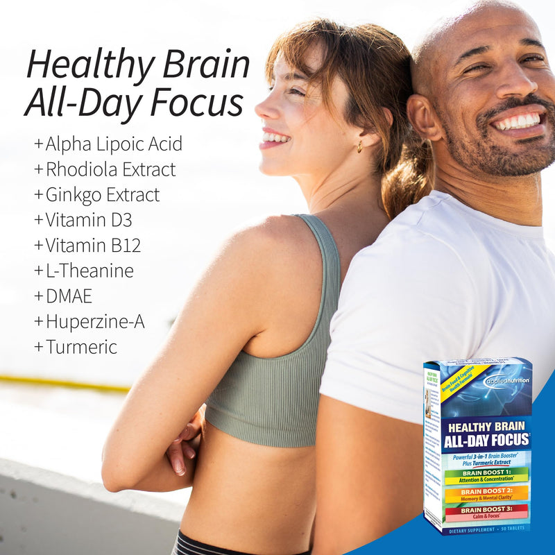 Applied Nutrition Healthy Brain All-Day Focus - 50 Tablets - 3-in-1 Brain Booster with Turmeric