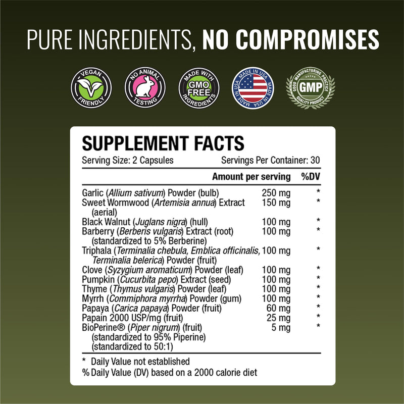 Approved Science Parastrin – 60 Vegan Capsules with Black Walnut, Garlic, Papain 2000 & BioPerine