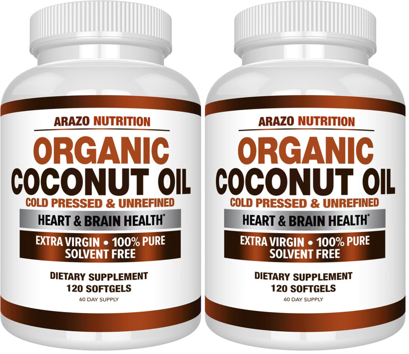 Arazo Nutrition Organic Coconut Oil 2000 MG | Extra Virgin Cold Pressed – 120 Softgels (Pack of 2)
