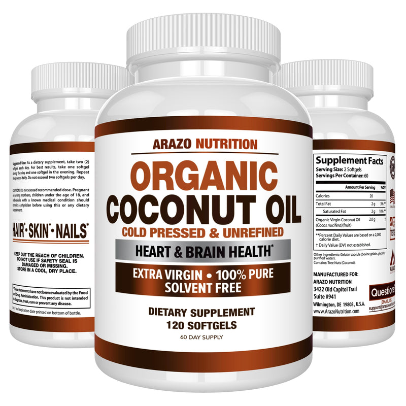 Arazo Nutrition Organic Coconut Oil 2000 MG | Extra Virgin Cold Pressed – 120 Softgels (Pack of 2)