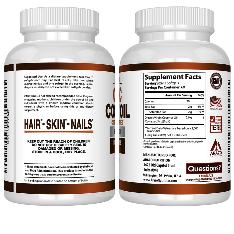 Arazo Nutrition Organic Coconut Oil 2000 MG | Extra Virgin Cold Pressed – 120 Softgels (Pack of 2)
