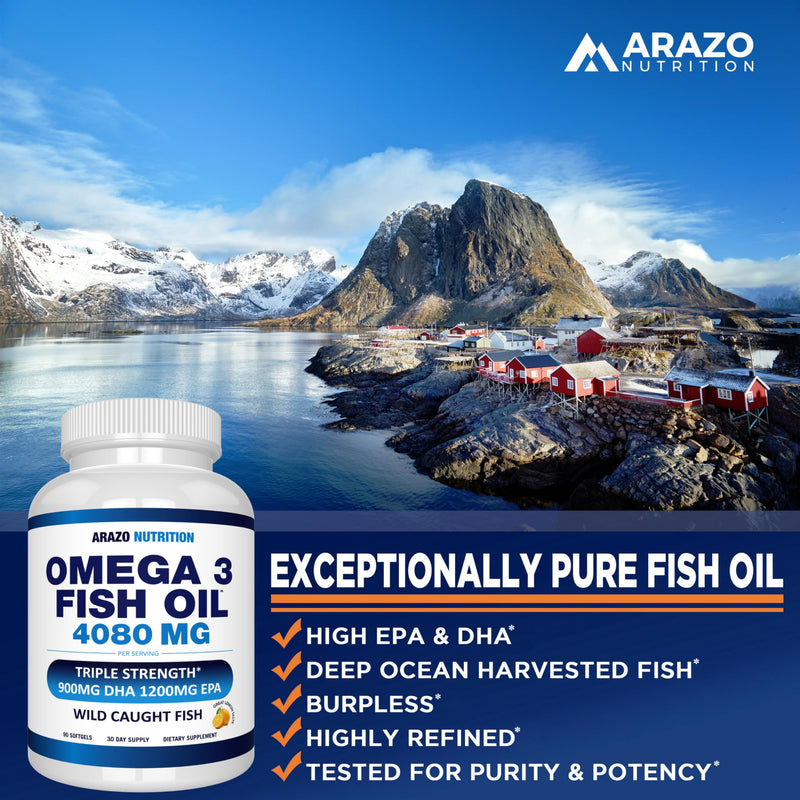 Arazo Nutrition Wild Caught Omega-3 Fish Oil – 90 Soft Gels (4080 mg) Lemon Burpless