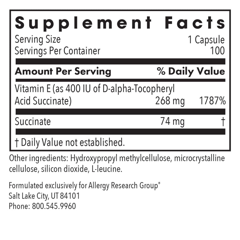 Allergy Research Group Vitamin E Succinate 400 IU - Vegetarian Capsules, 100 Count