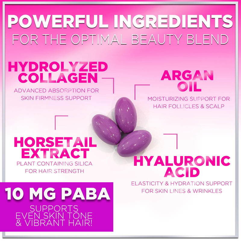 Hair, Skin & Nails Vitamins for Women - Biotin 5000mcg + Argan Oil, Collagen & Hyaluronic Acid | 120 Softgels