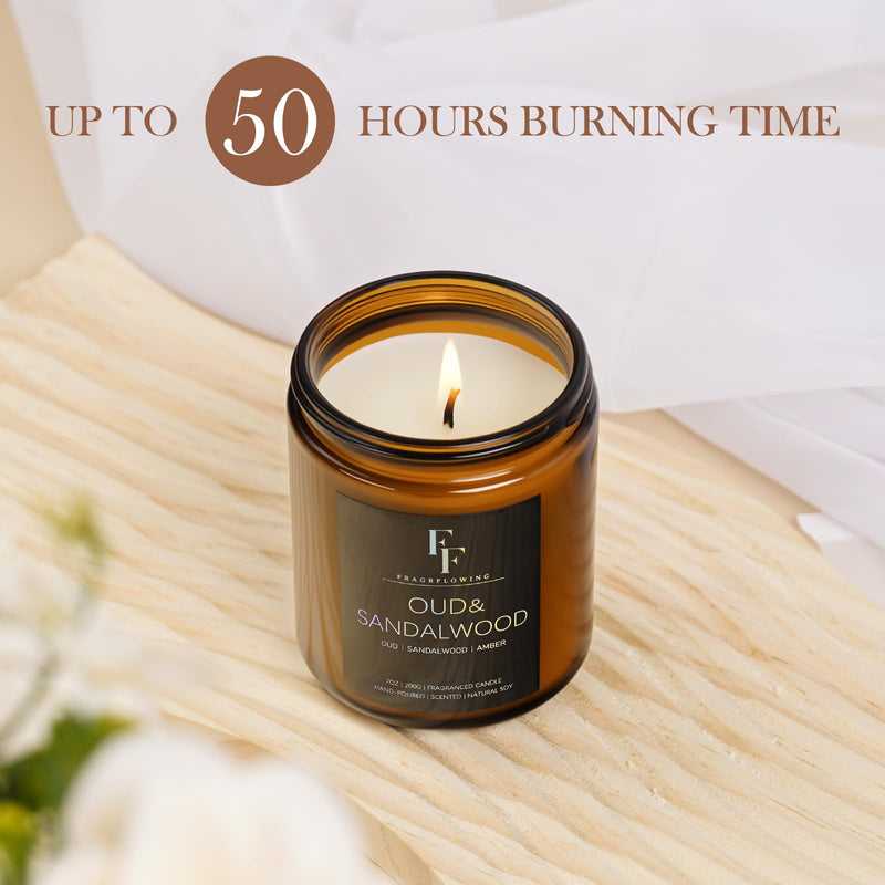 Sandalwood Oud Scented Candle - 7oz Soy Wax, Aromatherapy Gift
