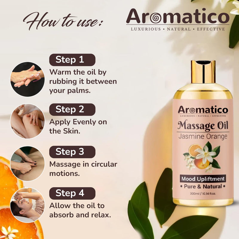 AROMATICO Massage Oil with Jasmine & Orange Essential Oils – Infused with Sesame, Almond & Jojoba Oils – Full Body Massage Oil for Relaxation – for Men & Women – 10 Fl Oz