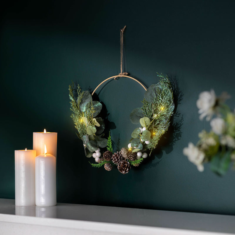 Artificial Sage LED Wreath Hanging Hoop with Berries & Pinecones 27cm