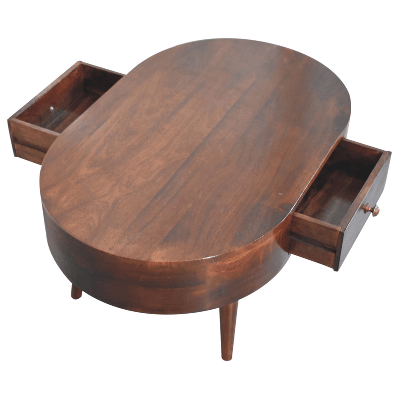 Artisan Furniture Solid Wood California Walnut Rounded Coffee Table, 2 Drawers, Dark Brown - InStock