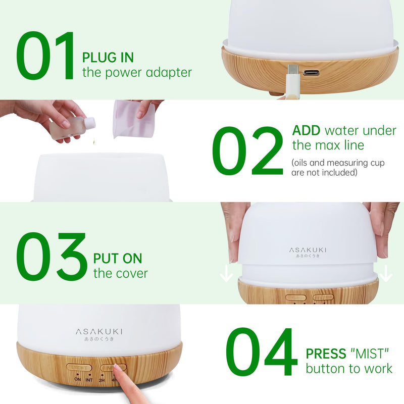 ASAKUKI 300ml Essential Oil Diffuser – Ultrasonic Humidifier with 7 Color Lights and 2 Mist Modes